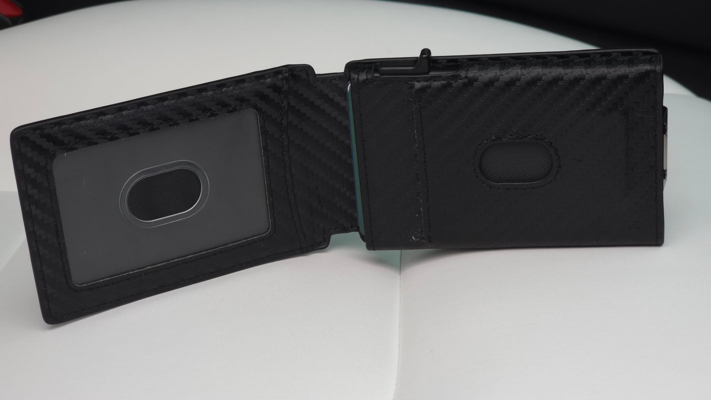 Altus EDC minimalist wallet displaying the unique quick-flip ID window feature for instant verification, alongside the automotive-grade carbon weave finish and 12-card chamber capacity, staged on a white luxury vehicle seat.