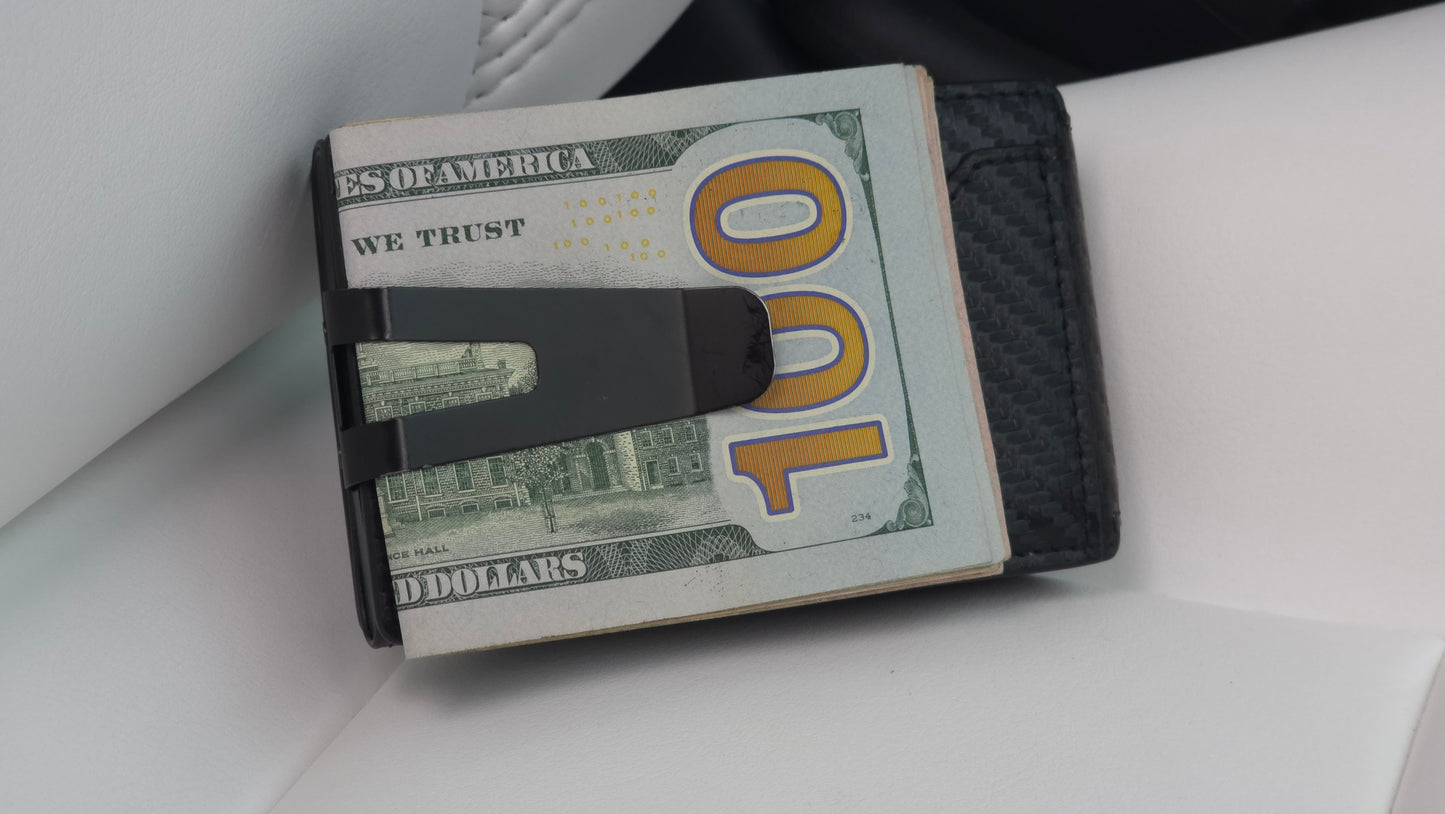 Altus EDC minimalist wallet showcasing the integrated money clip securely holding a crisp $100 bill, demonstrating high-capacity cash storage and everyday utility against a premium, scratch-resistant microfiber carbon weave.